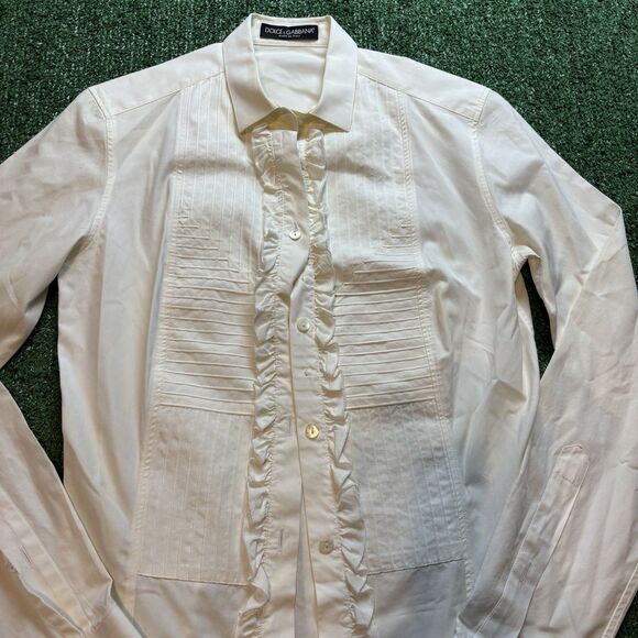 Dolce & Gabbana Womens Ruffled Cotton Long Sleeve Button Up Dress Shirt SZ 40 /S - Picture 2 of 9